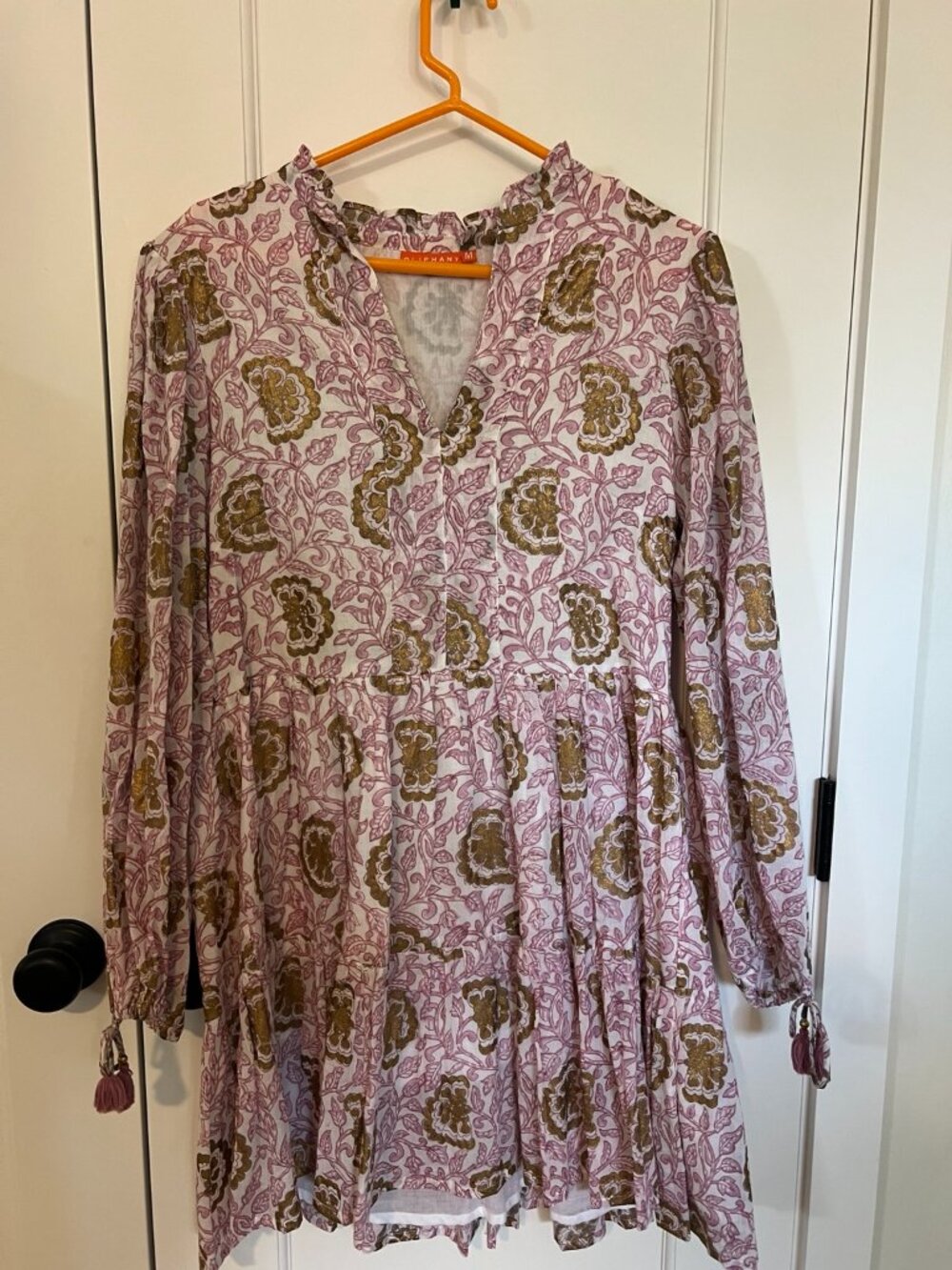 Oliphant Pink Gold Floral Block Print Tiered Mini Dress Tassels Size M